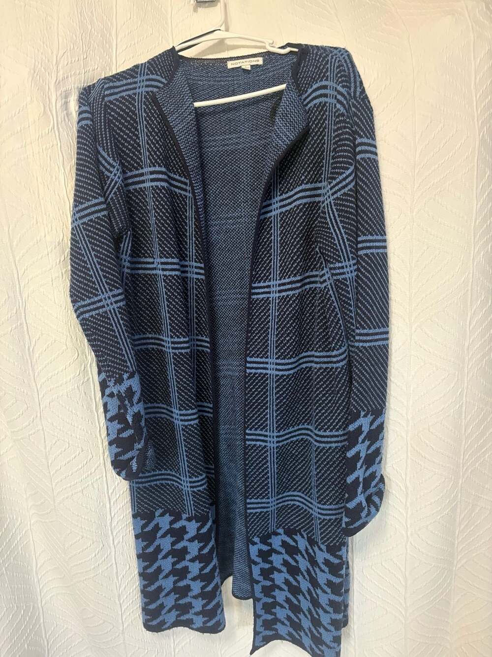 Notations Blue Plaid Houndstooth Open Front Cardigan Sweater Large MSVR1058